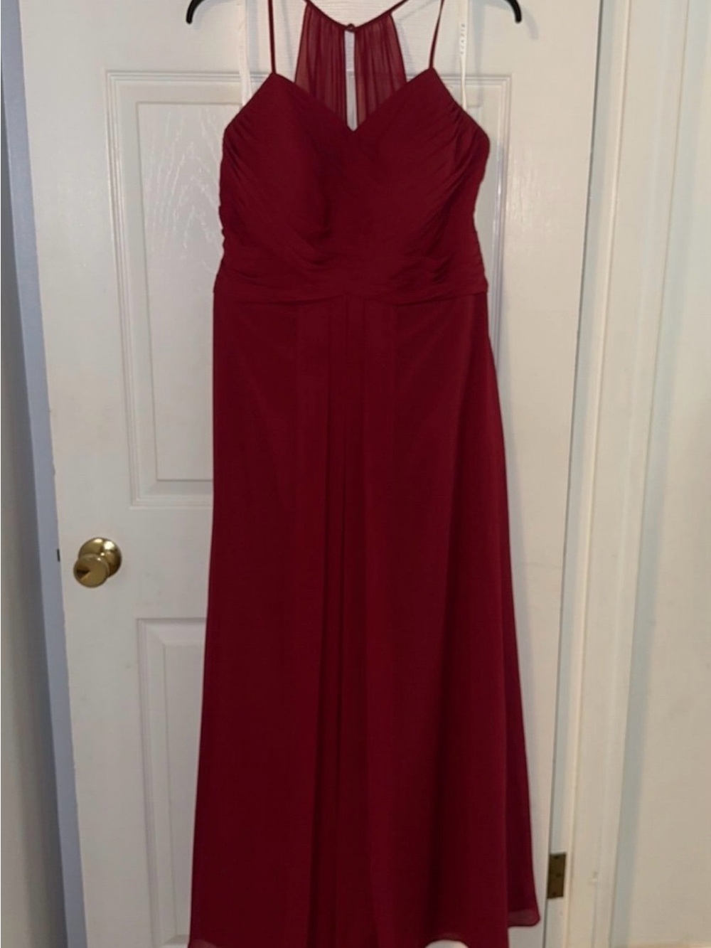 Azazie Burgundy Chiffon Maxi Dress with Sheer Back Yoke